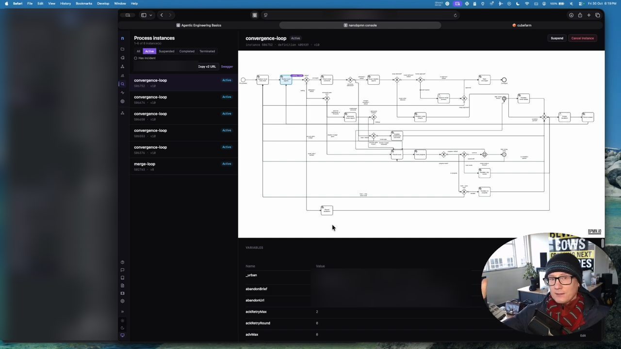 Nano BPM console: danh sách Process instances và sơ đồ BPMN của convergence-loop