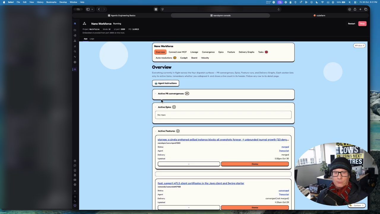 Trang Overview của Nano Workforce với Active PR convergences, Active Epics và Active Features