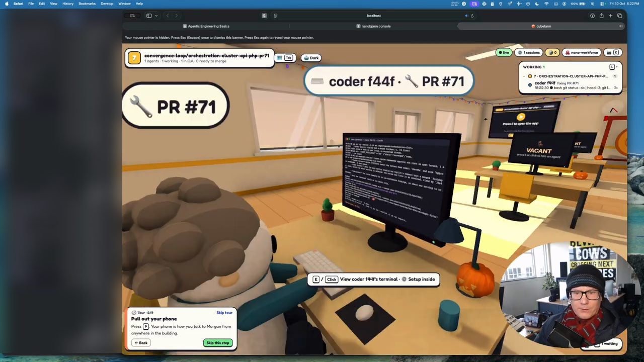 Trong CubeFarm, nhìn qua vai một coder agent đang làm PR #71