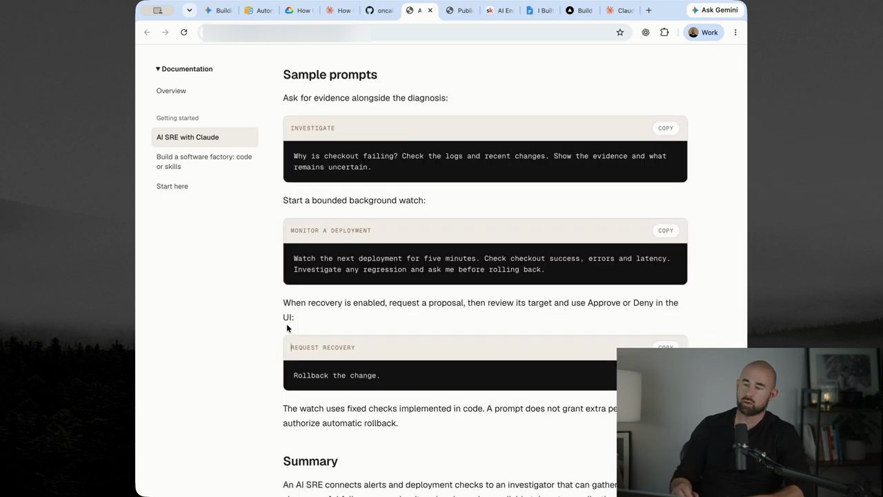 Mục Sample prompts với ba khối Investigate, Monitor a deployment và Request recovery