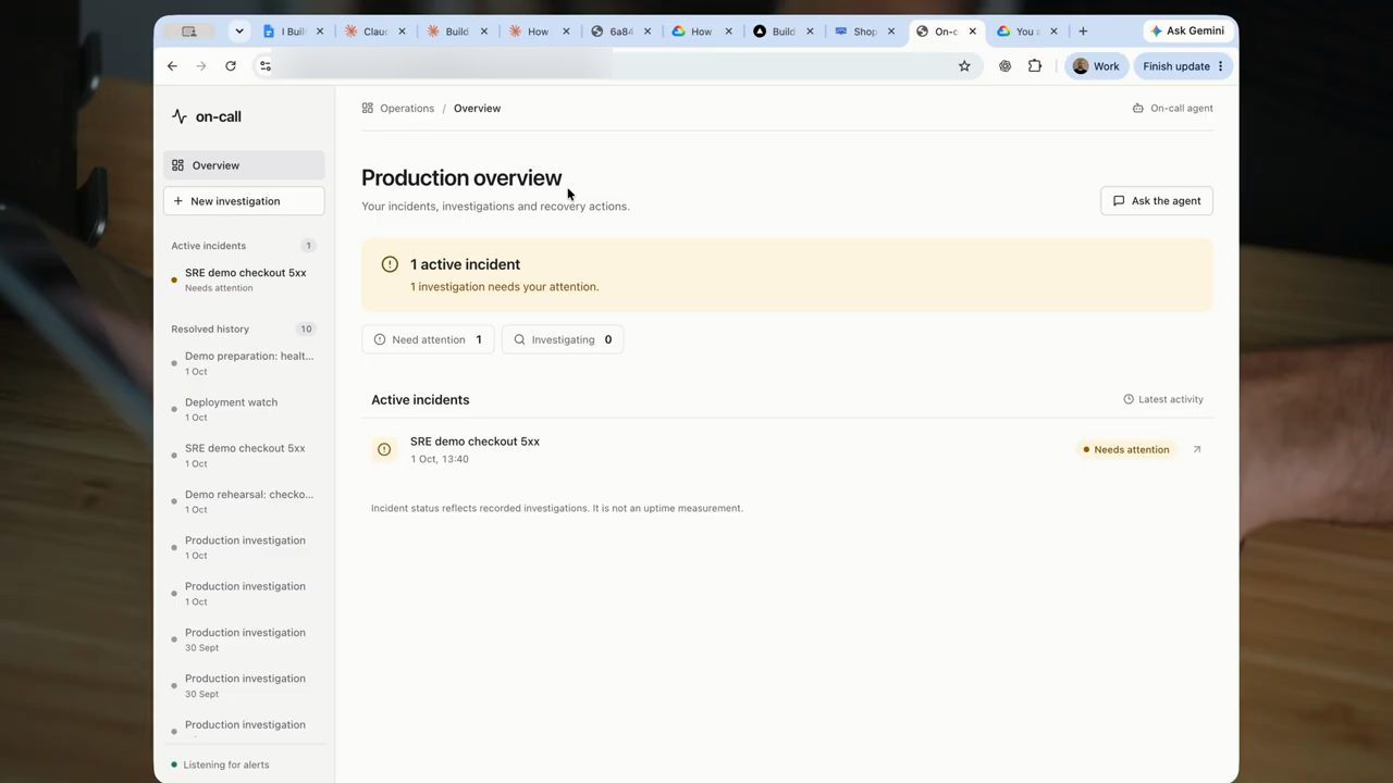 Production overview của web console on-call với 1 active incident