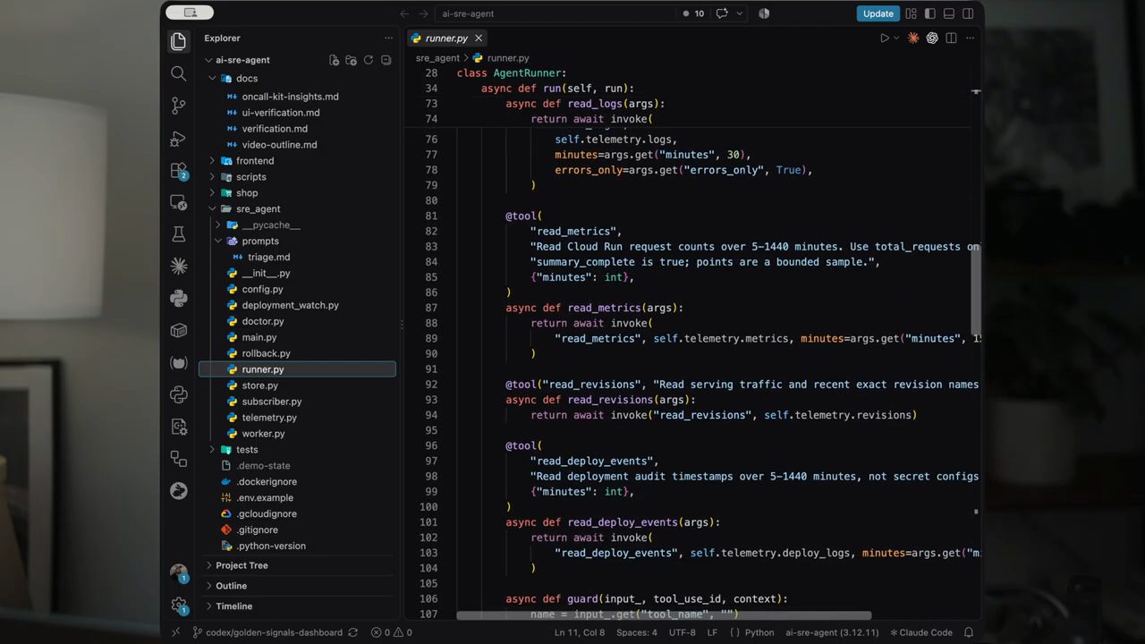 runner.py trong editor với các tool read_metrics, read_revisions, read_deploy_events