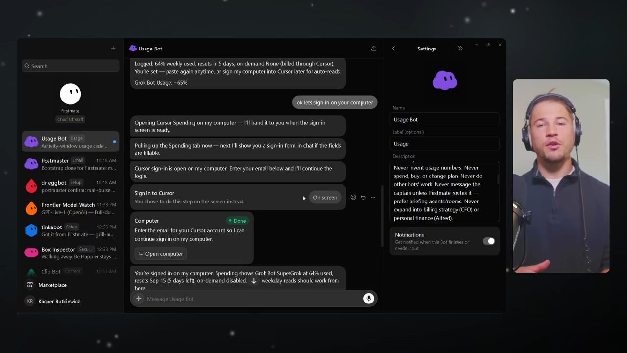 Chat với Usage Bot: đăng nhập Cursor trên máy của bot, phần Settings bên phải ghi các anti-job