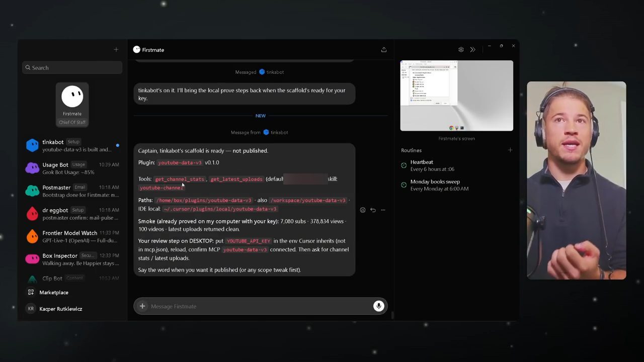 Tin nhắn trong FirstMate: tinkabot's scaffold is ready, not published, với plugin youtube-data-v3, tools, paths, kết quả smoke test và bước review