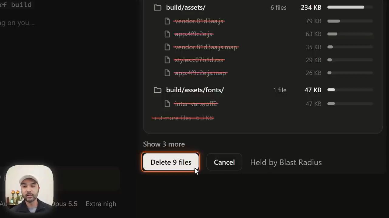 Blast Radius liệt kê các file sắp bị xoá với nút Delete 9 files và Cancel