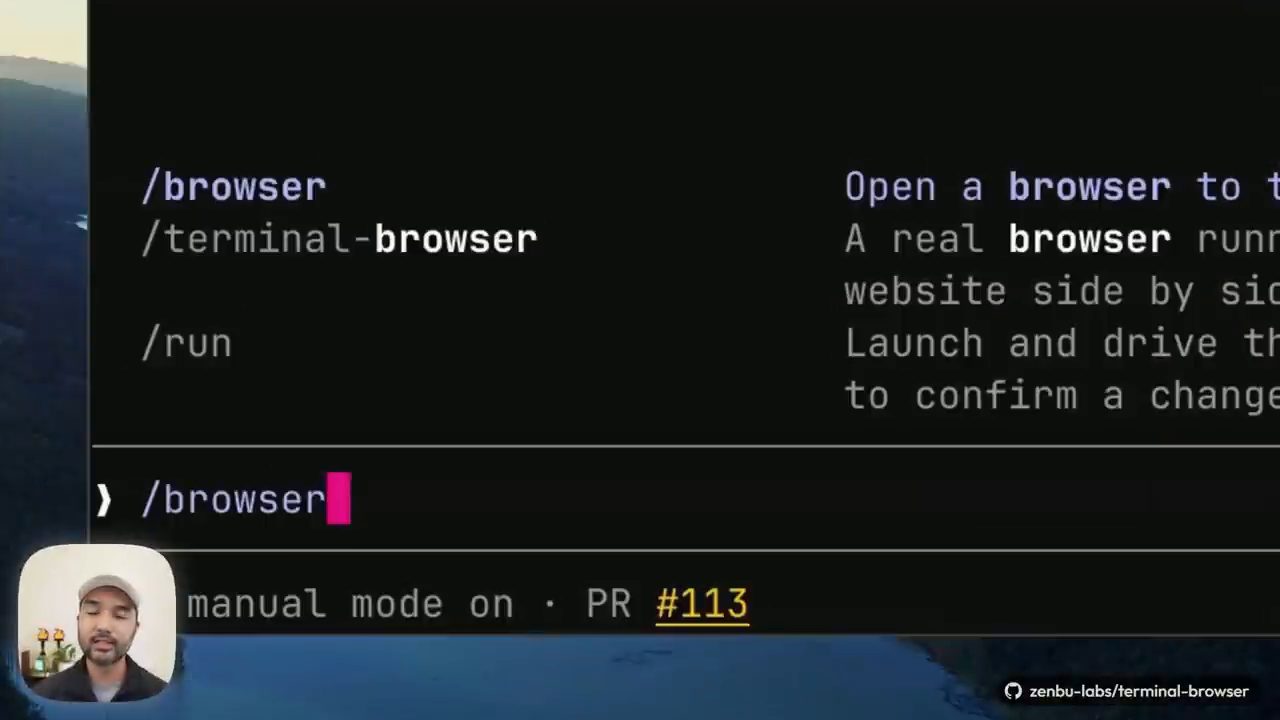 Terminal gõ lệnh /browser với danh sách gợi ý lệnh