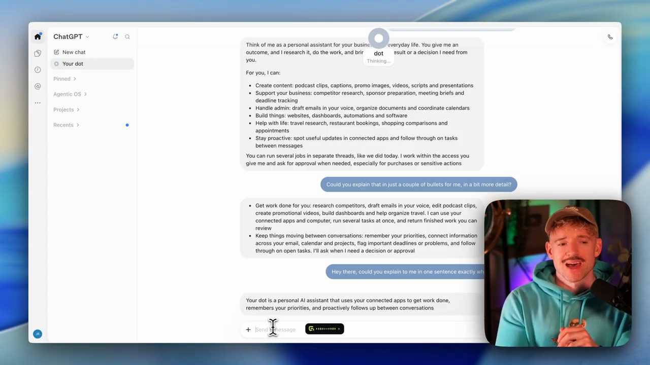 ChatGPT, mục Your dot: dot giải thích nó là personal assistant, ô nhập đang bật công cụ đọc chính tả