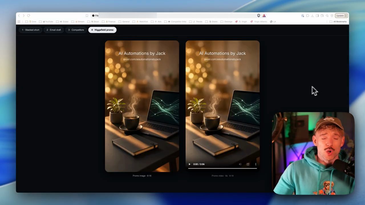 Kết quả của Grok Bot: ảnh và video dọc cà phê cạnh laptop, chữ AI Automations by Jack