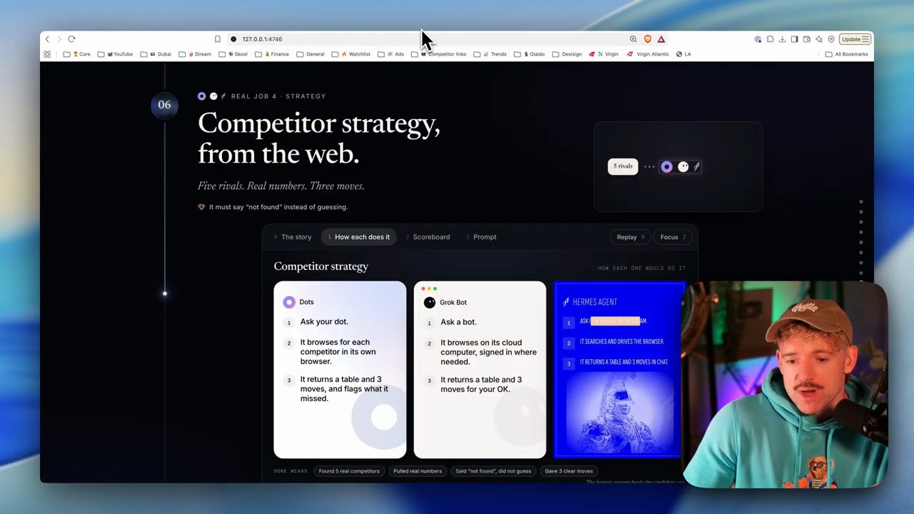 Real job 4: Competitor strategy, from the web; ba thẻ mô tả cách Dots, Grok Bot và Hermes Agent làm