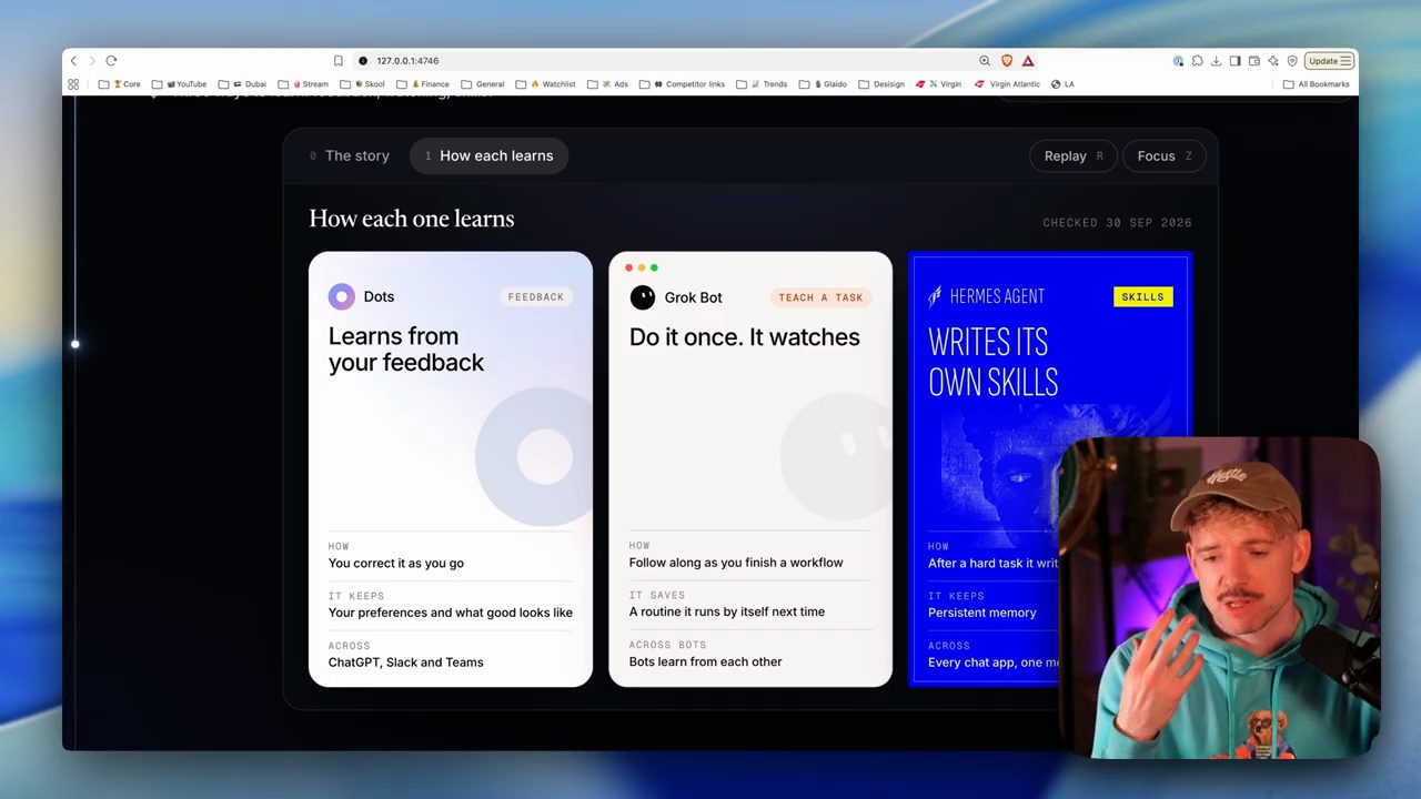 How each one learns: Dots learns from your feedback, Grok Bot do it once it watches, Hermes writes its own skills