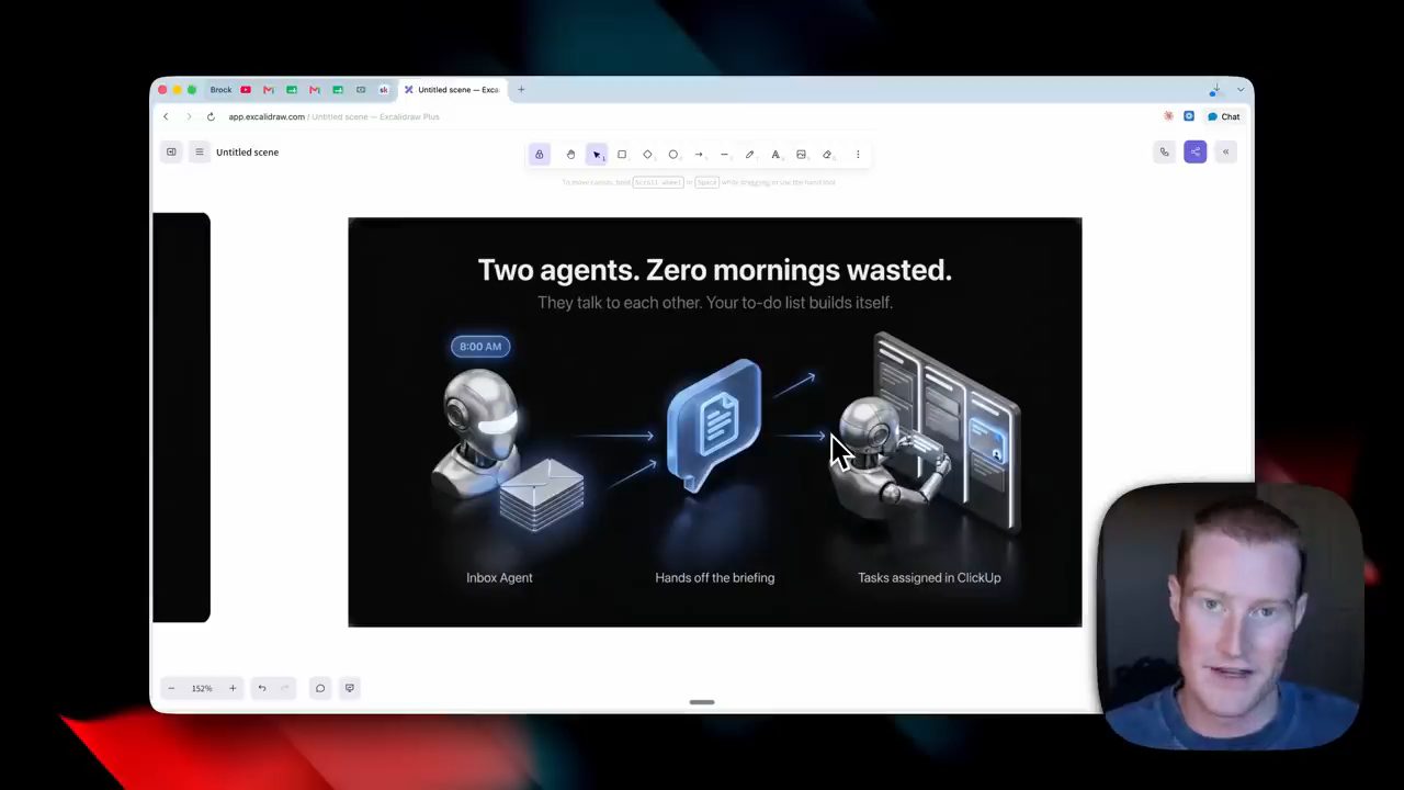 Hình minh hoạ Two agents. Zero mornings wasted: inbox agent chuyển briefing sang agent giao việc trong ClickUp