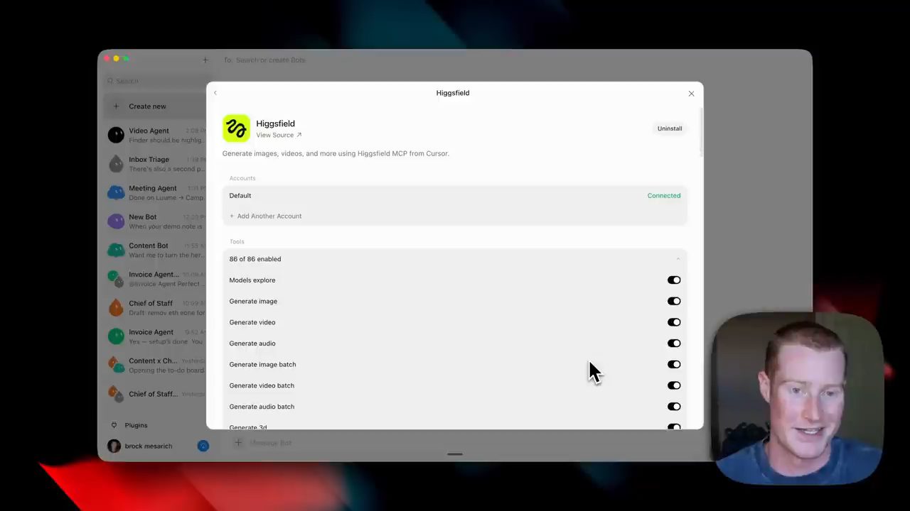 Trang plugin Higgsfield trong GrokBot: tài khoản Default đã Connected, 86 of 86 tool được bật