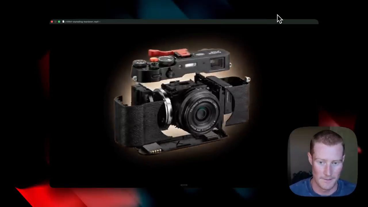 Video do agent tạo: máy ảnh Fujifilm tách rời từng bộ phận trên nền tối