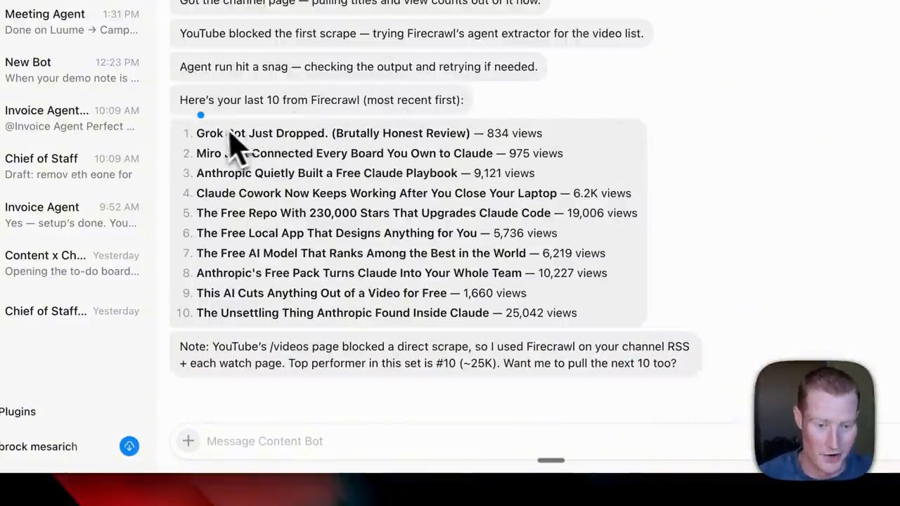 Content bot trả về 10 video gần nhất của kênh kèm số view, và ghi chú về việc dùng Firecrawl