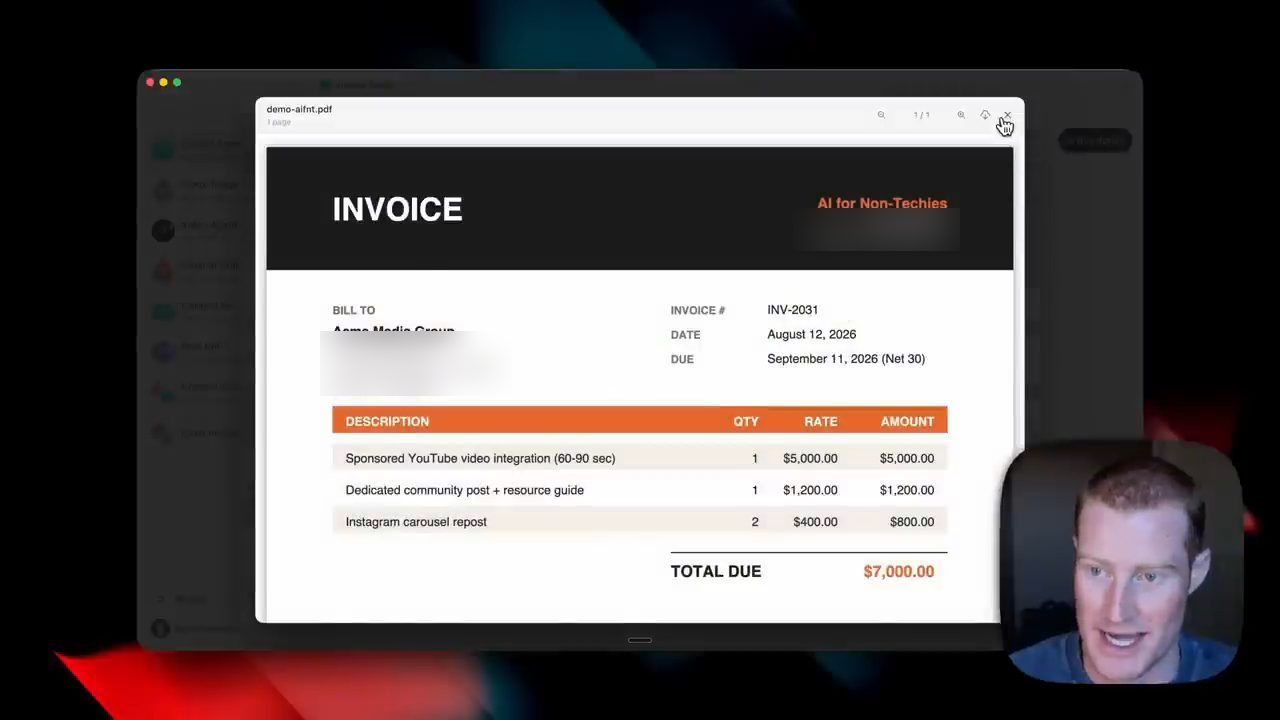 Hoá đơn mẫu agent tạo ra: INVOICE của AI for Non-Techies, khách Acme Media Group, tổng 7.000 đô