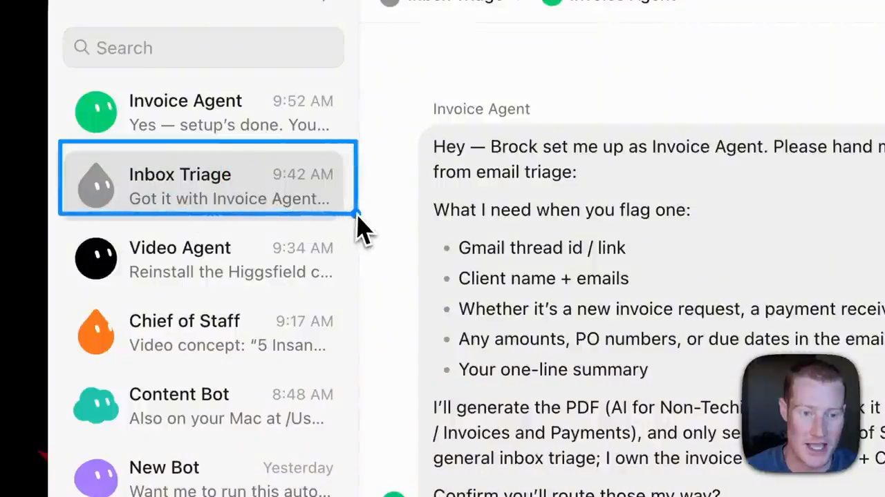Tin nhắn của Invoice Agent gửi Inbox Triage, liệt kê thông tin cần khi đánh dấu một email về hoá đơn