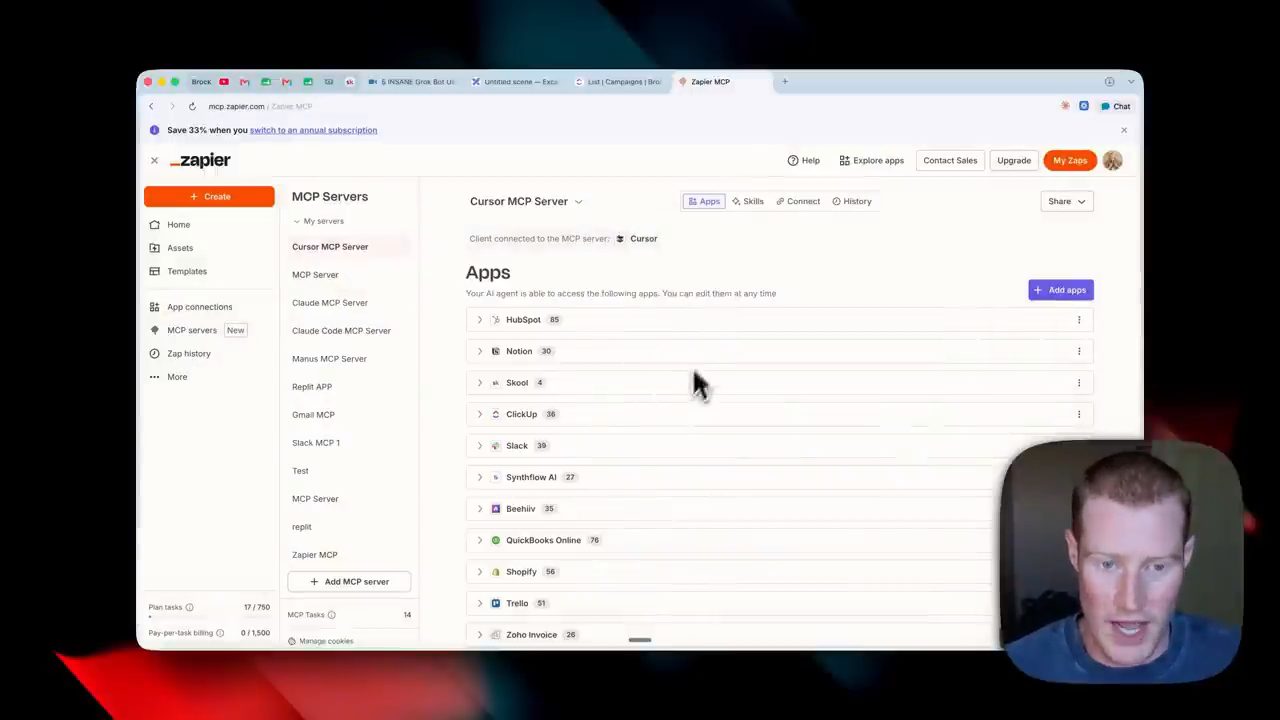 Trang MCP Servers của Zapier: danh sách app như HubSpot, Notion, Skool, ClickUp, Slack, Beehiiv, QuickBooks Online, Shopify, Trello