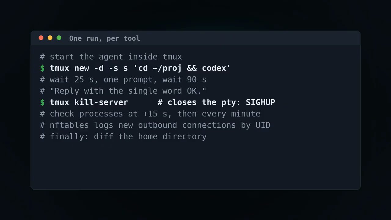 Cửa sổ terminal One run, per tool: tmux new, chờ, prompt Reply with the single word OK, tmux kill-server