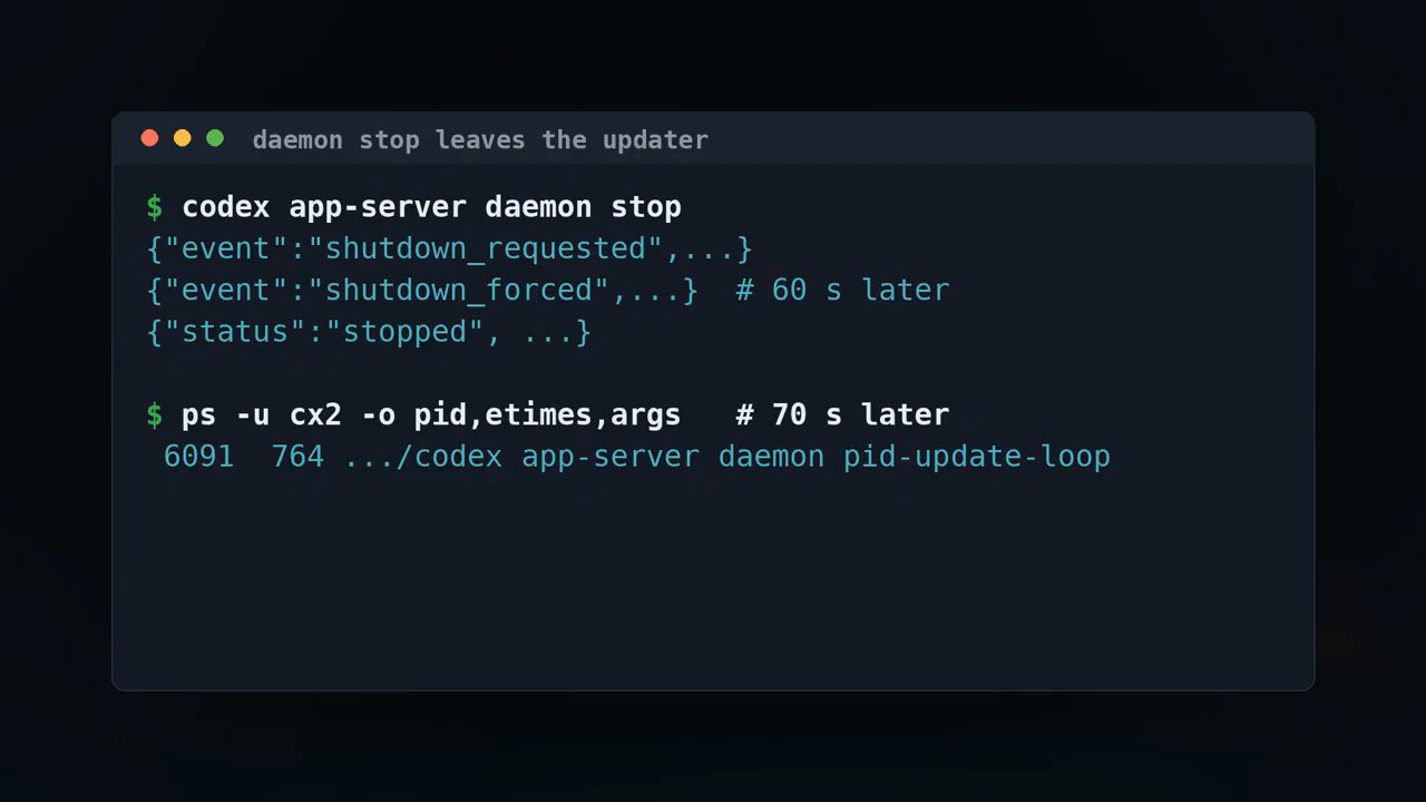 Lệnh codex app-server daemon stop và output ps cho thấy pid-update-loop vẫn chạy 70 giây sau