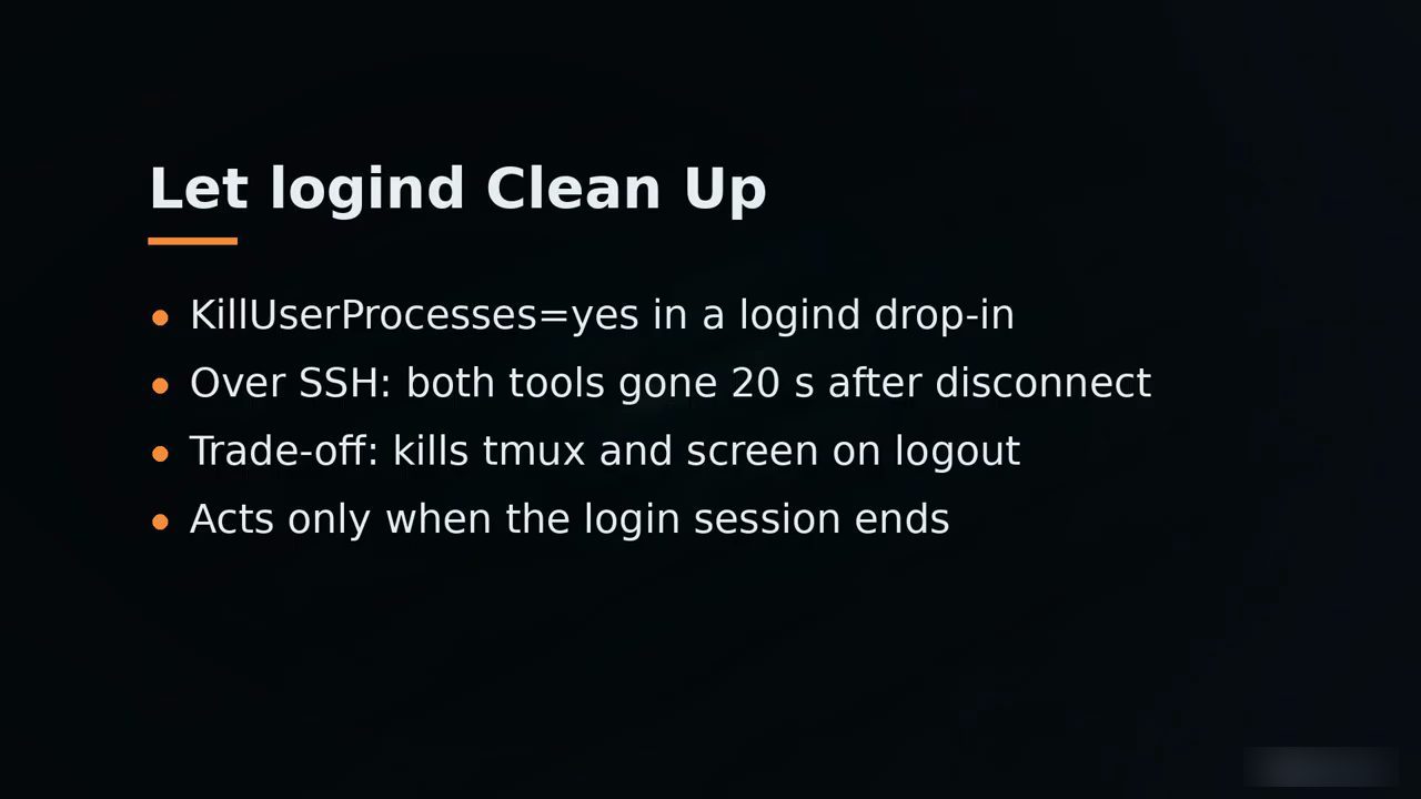 Slide Let logind Clean Up với bốn gạch đầu dòng về KillUserProcesses