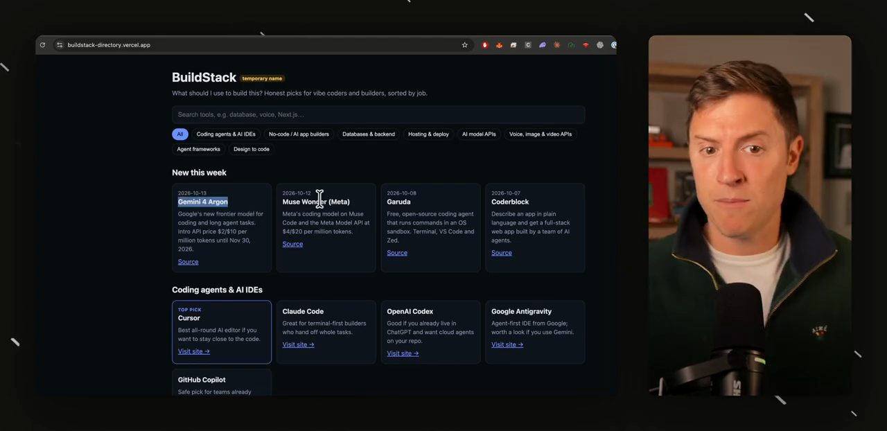 Website BuildStack với mục New this week và Coding agents & AI IDEs