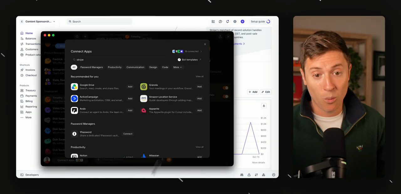 Hộp thoại Connect Apps của Grok Bot với ô tìm kiếm stripe, nền phía sau là trang Stripe