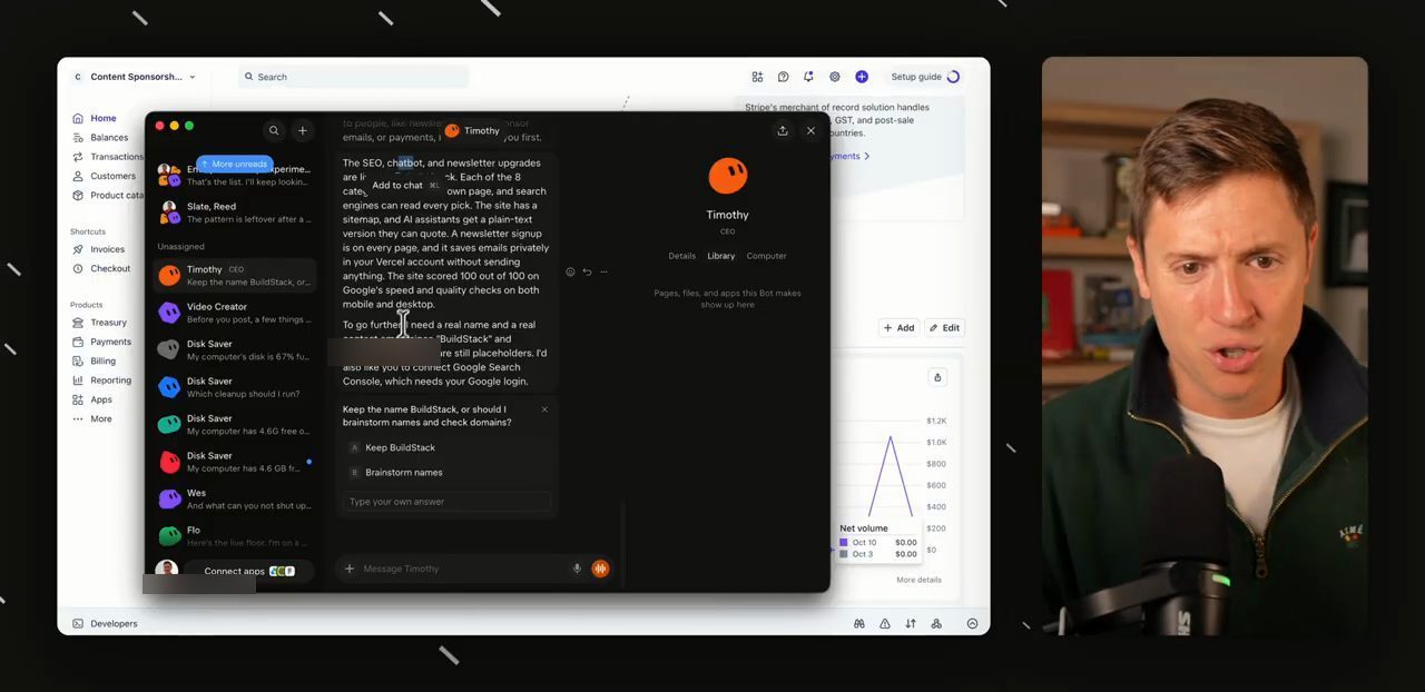 Timothy báo các nâng cấp SEO, chatbot và newsletter đã live, hỏi giữ tên BuildStack hay brainstorm tên
