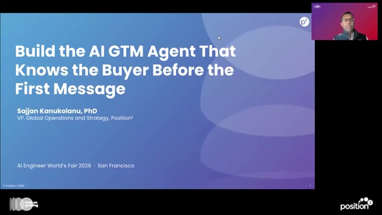 Slide tiêu đề Build the AI GTM Agent That Knows the Buyer Before the First Message, góc trên phải là speaker