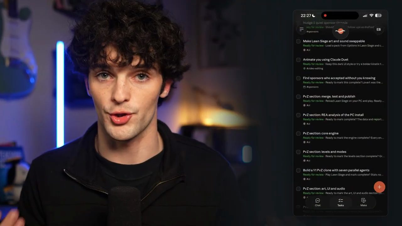 Tab Tasks trong app Claude Duet: danh sách task gắn nhãn Ready for review thuộc các channel sponsors, ui, video-editing