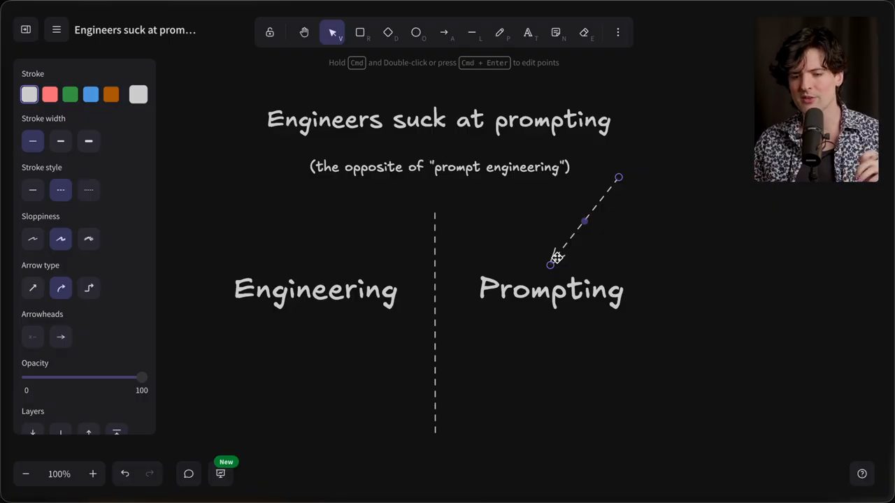 Bảng trắng với tiêu đề Engineers suck at prompting, hai cột Engineering và Prompting