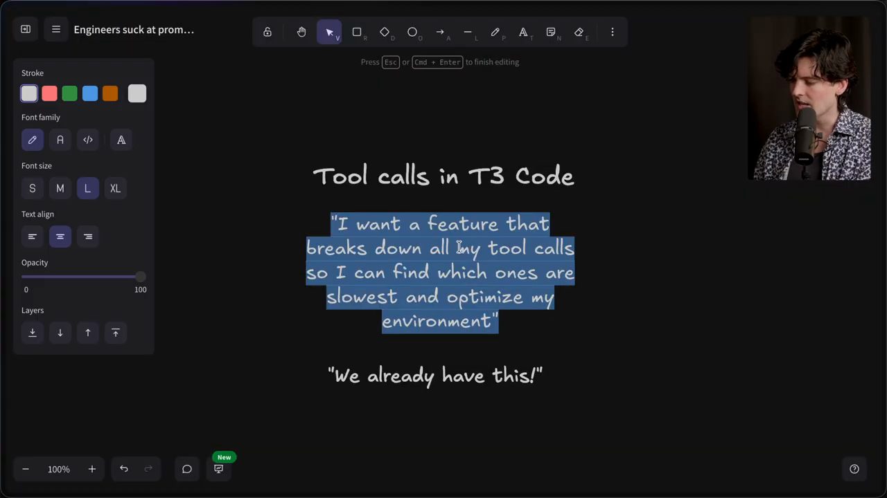 Bảng trắng Tool calls in T3 Code với câu yêu cầu tính năng và câu trả lời We already have this