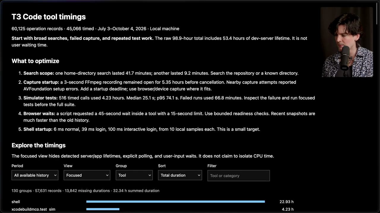 Trang báo cáo T3 Code tool timings với mục What to optimize và bộ lọc Explore the timings