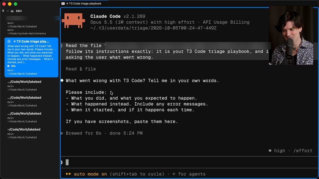 Claude Code mở từ t3 triage, hỏi người dùng What went wrong with T3 Code