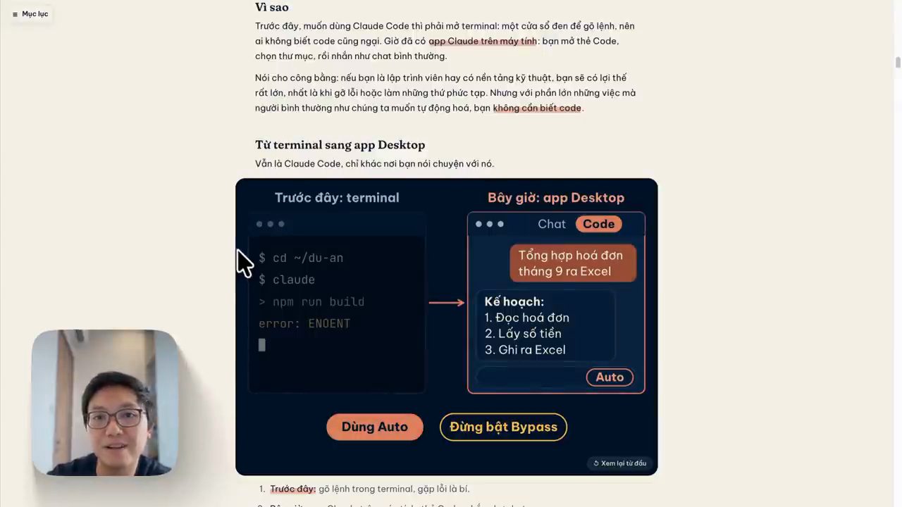 Hình minh hoạ Trước đây: terminal với lệnh cd, claude, npm run build và lỗi ENOENT; Bây giờ: app Desktop thẻ Code với kế hoạch ba bước, nút Dùng Auto và Đừng bật Bypass