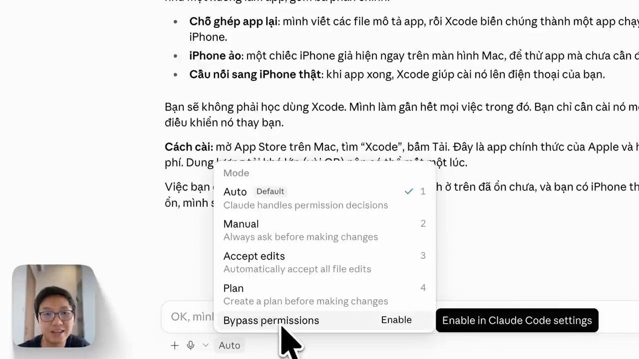 Menu Mode trong ô nhập của Claude Code: Auto (Default), Manual, Accept edits, Plan, Bypass permissions với nút Enable