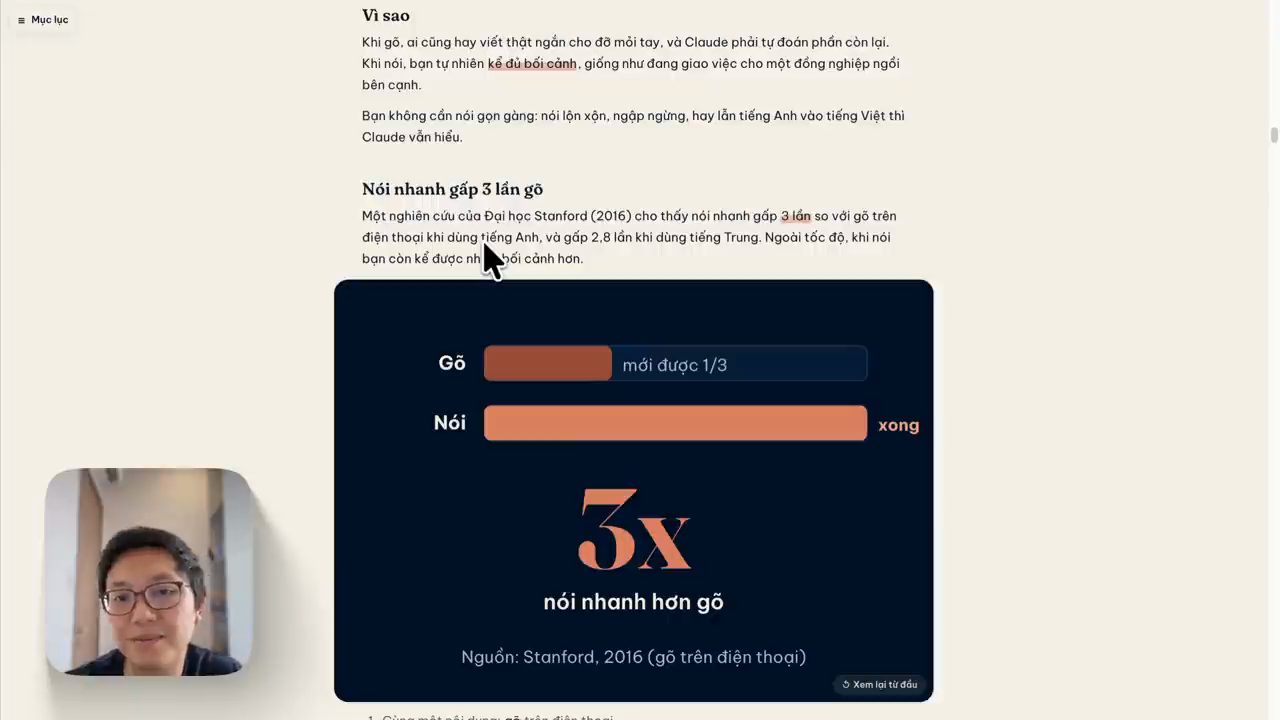 Hình Nói nhanh gấp 3 lần gõ: thanh Gõ mới được 1/3, thanh Nói đã xong, chữ 3x nói nhanh hơn gõ, nguồn Stanford 2016