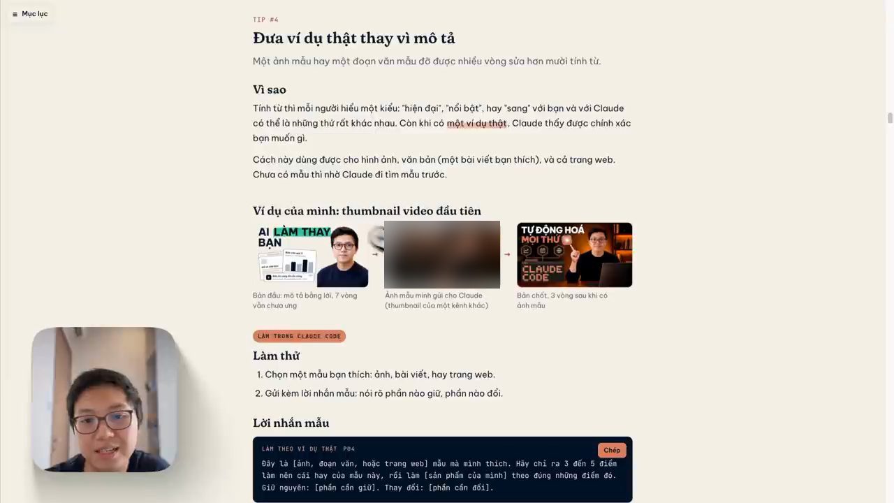 Mục Ví dụ của mình: thumbnail video đầu tiên, ba ảnh nối nhau bằng mũi tên: bản đầu, ảnh mẫu của một kênh khác, bản chốt; bên dưới là phần Làm thử và Lời nhắn mẫu