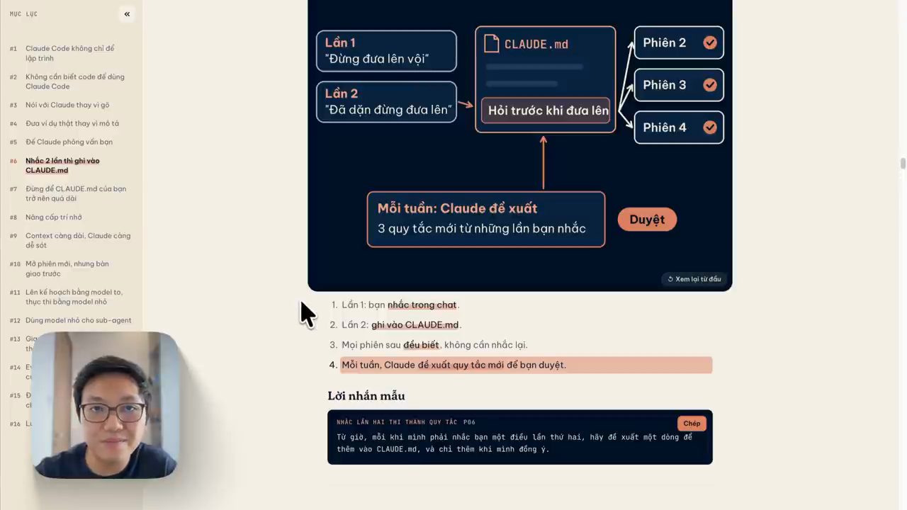 Sơ đồ Nhắc 2 lần thì ghi vào CLAUDE.md: Lần 1 Đừng đưa lên vội, Lần 2 Đã dặn đừng đưa lên, CLAUDE.md có dòng Hỏi trước khi đưa lên, áp dụng cho Phiên 2, 3, 4; Mỗi tuần Claude đề xuất 3 quy tắc mới, nút Duyệt; bên dưới là lời nhắn mẫu