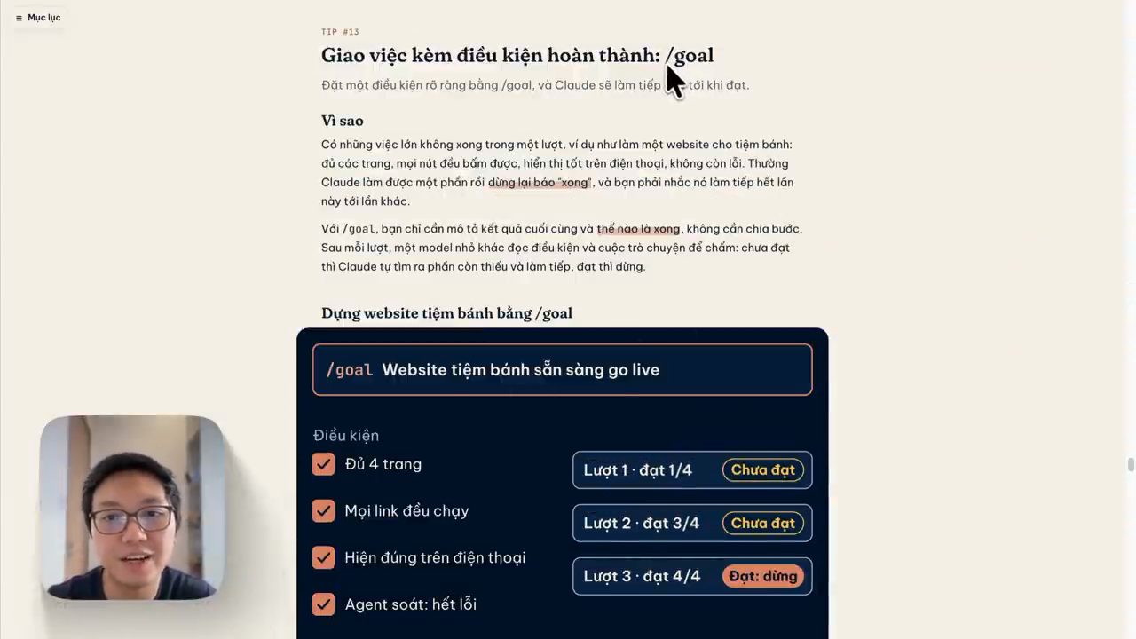 Bài 13 Giao việc kèm điều kiện hoàn thành /goal: /goal Website tiệm bánh sẵn sàng go live, bốn điều kiện và ba lượt: lượt 1 đạt 1/4, lượt 2 đạt 3/4, lượt 3 đạt 4/4 thì dừng