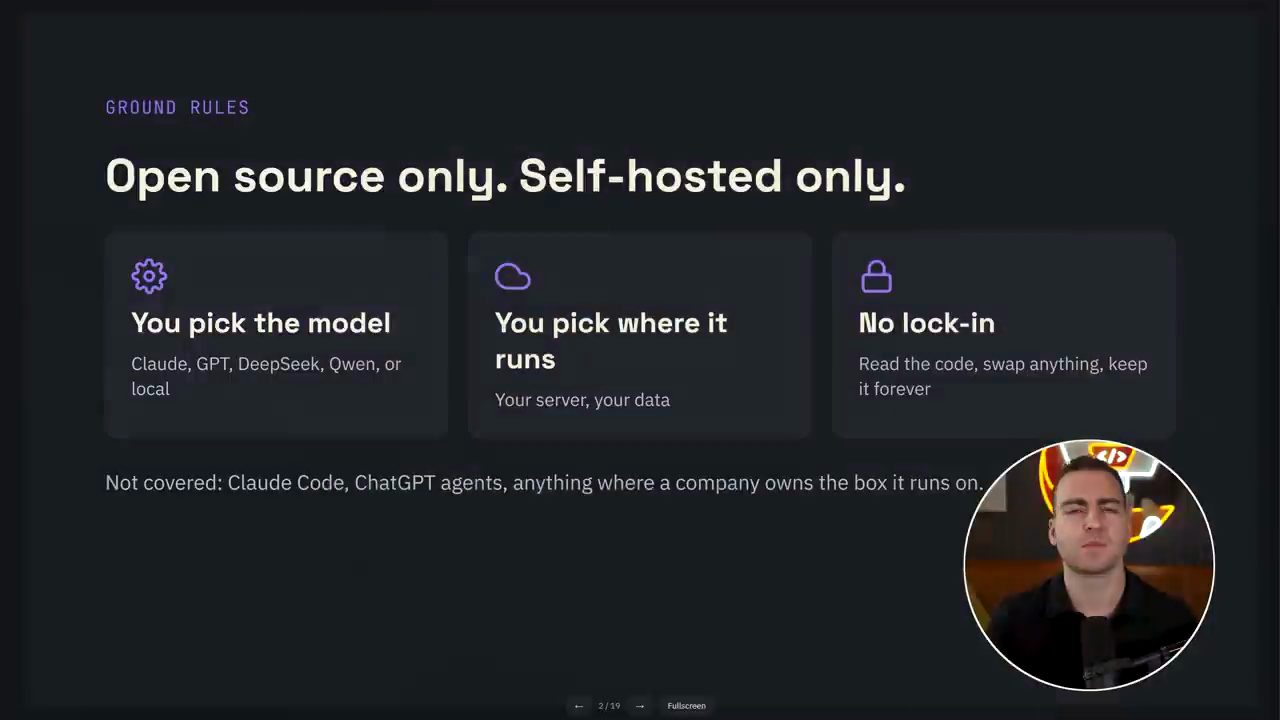 Slide Ground rules: Open source only. Self-hosted only, với ba ô You pick the model, You pick where it runs, No lock-in
