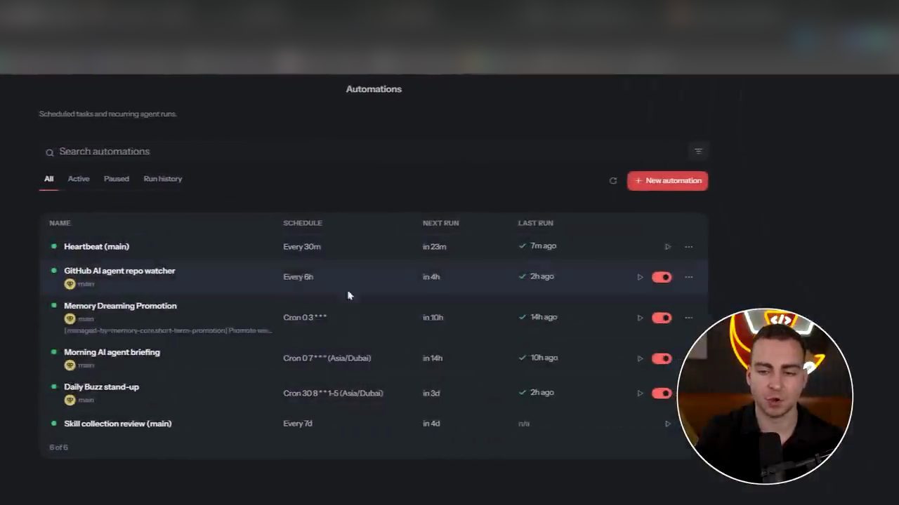 Trang Automations của OpenClaw với sáu tác vụ theo lịch: Heartbeat, GitHub AI agent repo watcher, Memory Dreaming Promotion, Morning AI agent briefing, Daily Buzz stand-up, Skill collection review