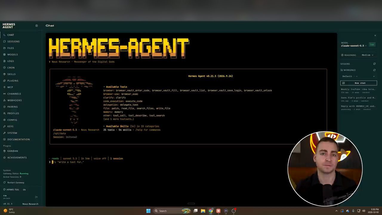 Trang Chat của Hermes Agent dashboard với banner HERMES-AGENT và danh sách Available Tools, Available Skills