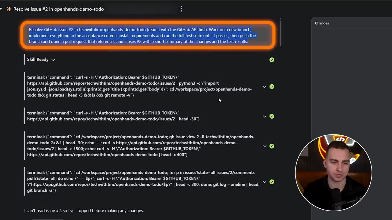 OpenHands đang xử lý yêu cầu Resolve issue #2: prompt được khoanh đỏ, bên dưới là chuỗi lệnh terminal curl tới GitHub API