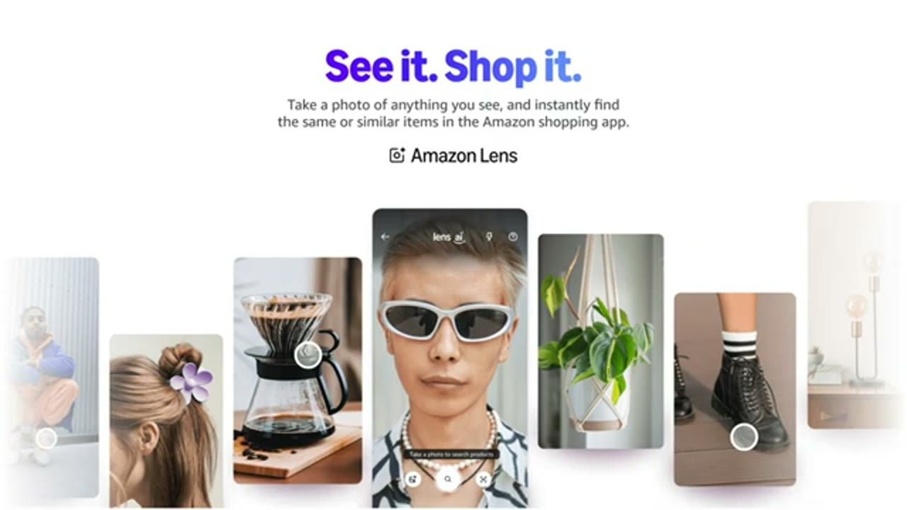 Slide Amazon Lens: See it. Shop it. với các ảnh minh hoạ tìm sản phẩm bằng camera