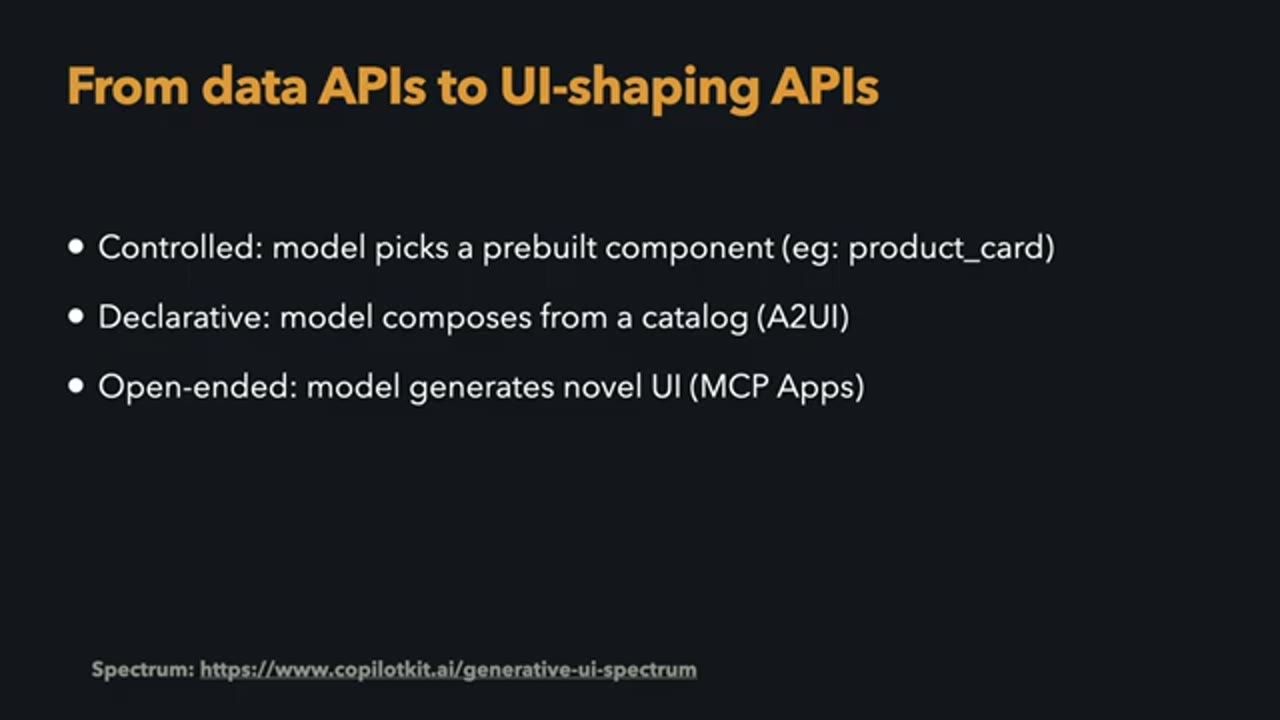 Slide From data APIs to UI-shaping APIs với ba nấc Controlled, Declarative, Open-ended