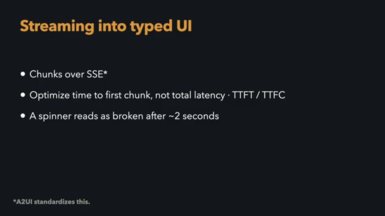 Slide Streaming into typed UI với ba gạch đầu dòng về SSE, time to first chunk và spinner