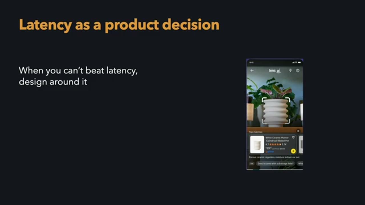 Slide Latency as a product decision với màn hình Lens Live đang nhận diện một chậu cây
