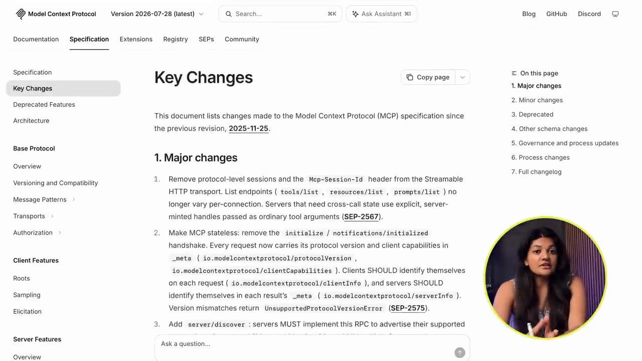 Trang Key Changes của đặc tả Model Context Protocol, bản ngày 28/07/2026, mục Major changes