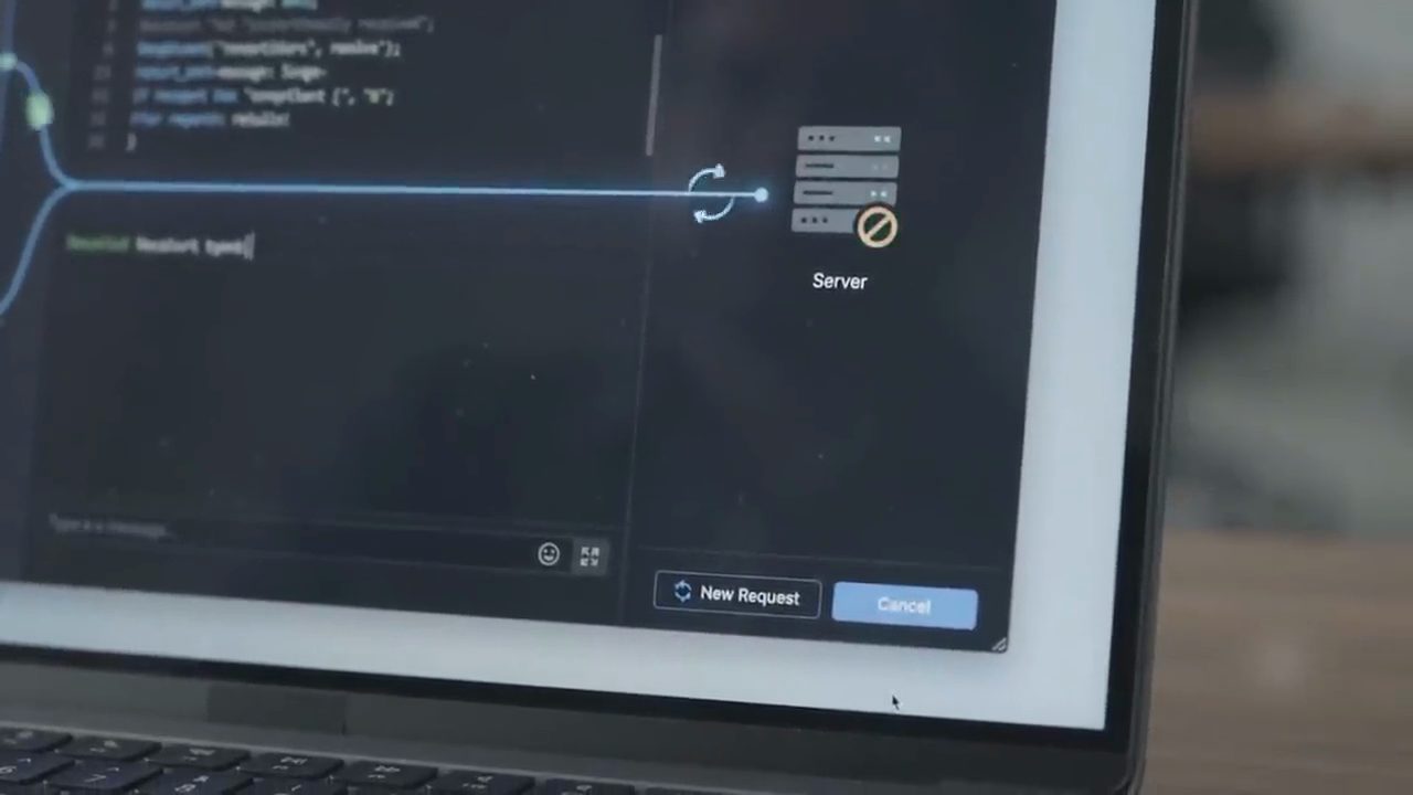 Màn hình laptop minh hoạ: đường kết nối tới biểu tượng Server bị chặn, bên dưới có nút New Request và Cancel