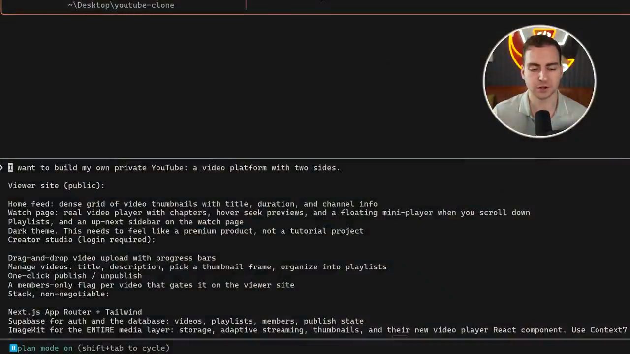 Prompt kế hoạch dài trong Claude Code ở plan mode, bắt đầu bằng I want to build my own private YouTube